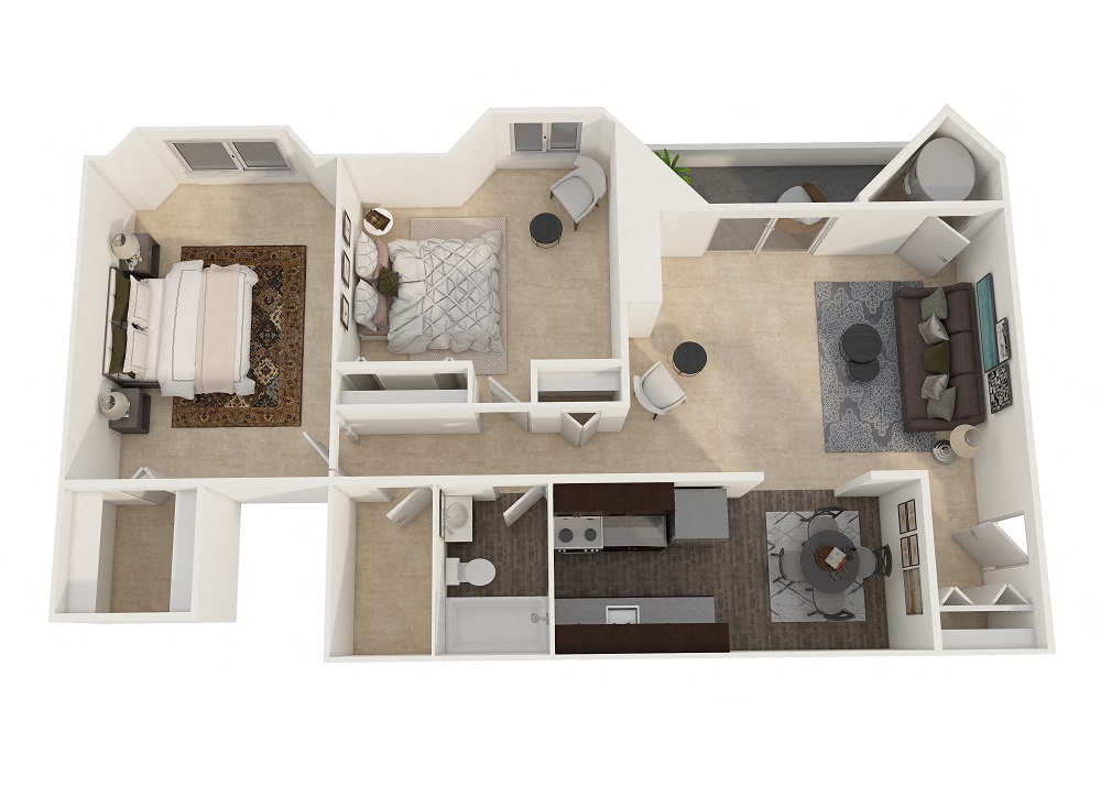 Floor plan for 2 beds, 1 bath, 952 sqft